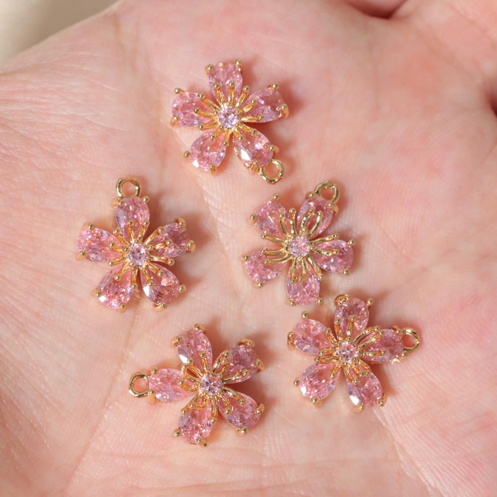 Pink Zirconia Flower Copper Charms, Golden Plated DIY Jewelry Pendants for Earring Necklace Craft