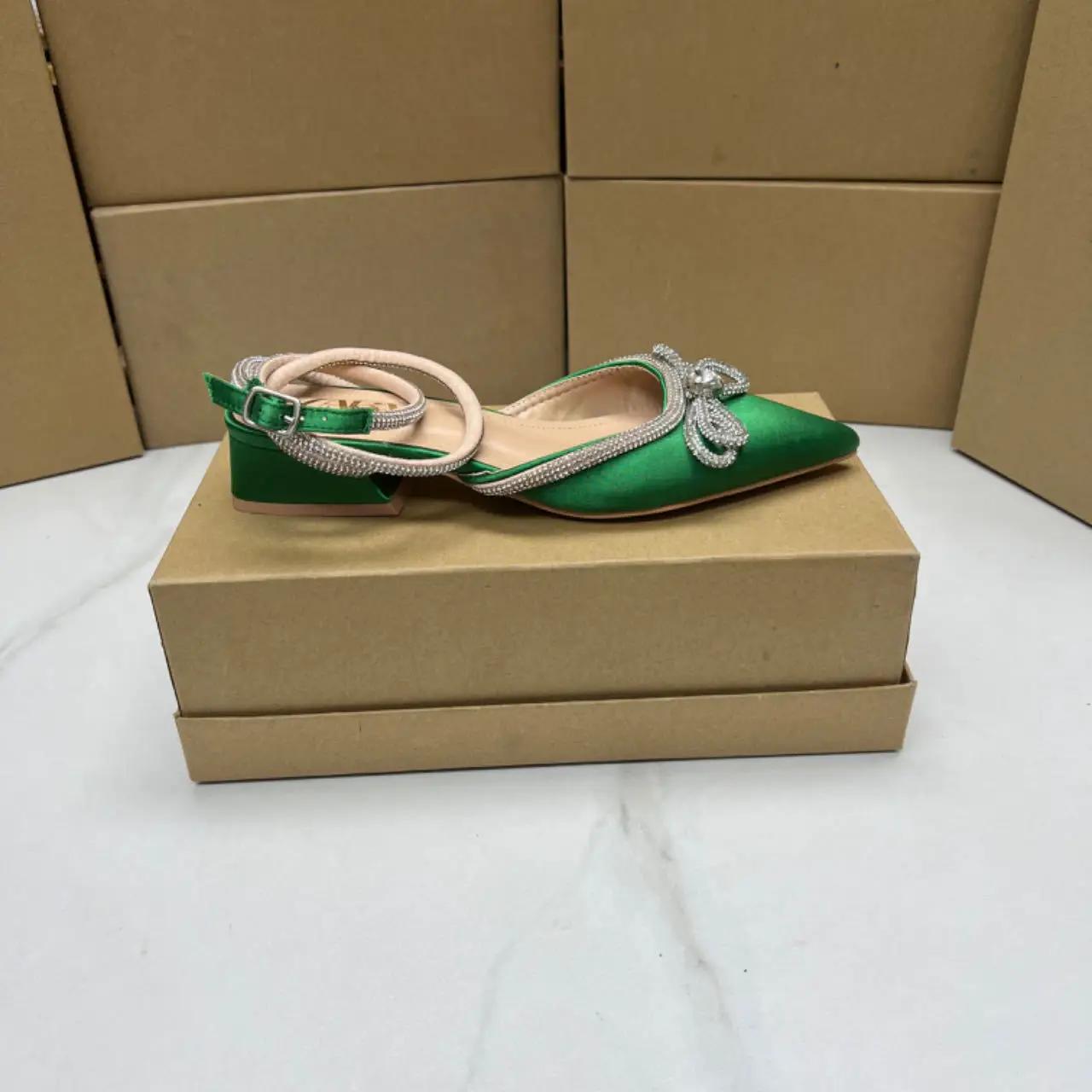 

Модные женские туфли с острым носком, роскошные стразы, бант, брендовые дизайнерские туфли на плоской подошве, модные элегантные туфли на плоской подошве с ремешком на щиколотке для женщин 37 зелёный