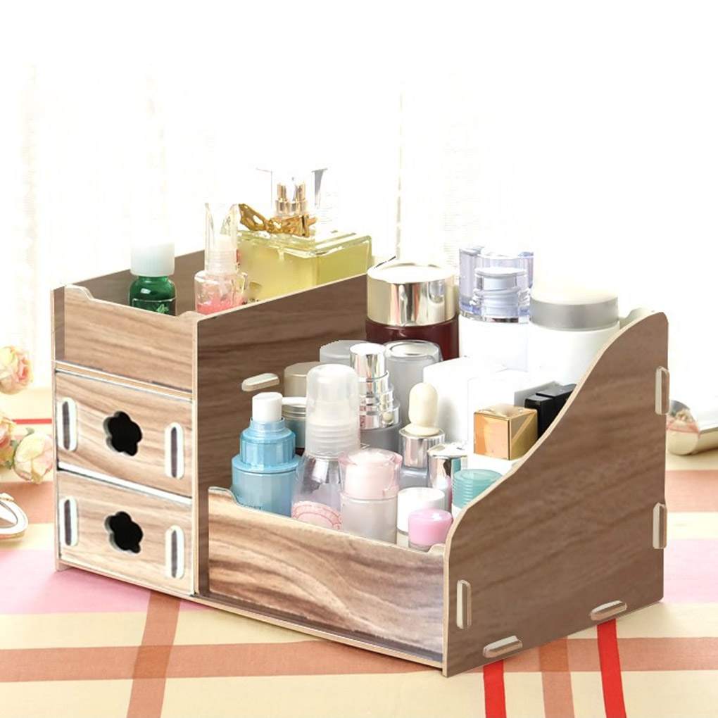 Desk Cosmetic Storage Box Wooden Makeup Case Jewelry Organizer