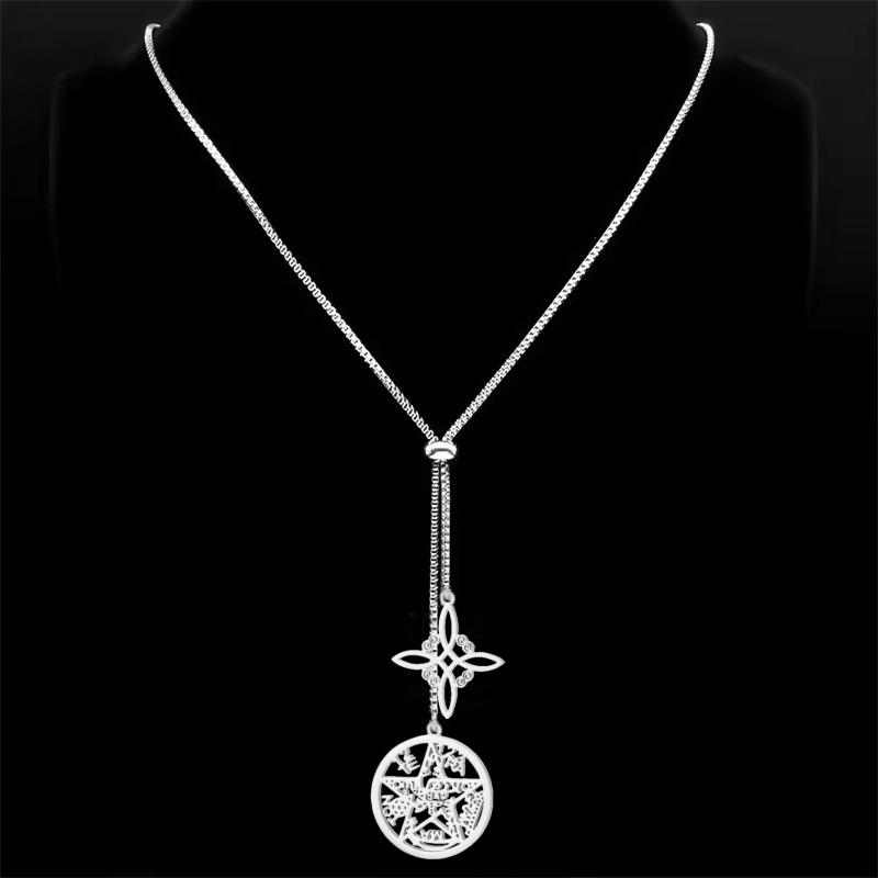 Tetragram Pentagram i Węzeł Czarownicy Naszyjnik Długi Łańcuszek Pudełkowy Podwójny Wisiorek Amulety Naszyjniki Biżuteria Czarownicza Prezenty dla Pary