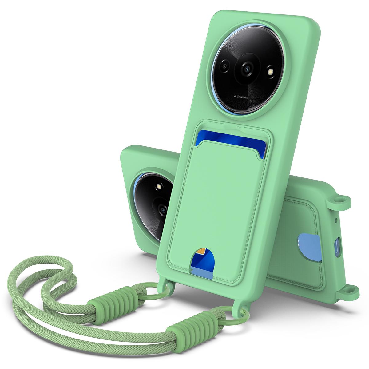 

Liquid Silicone Case For Xiaomi Redmi A3 4G/A3x 4G/Poco C61 4G Card Holder Phone Back Cover with Short Strap Green