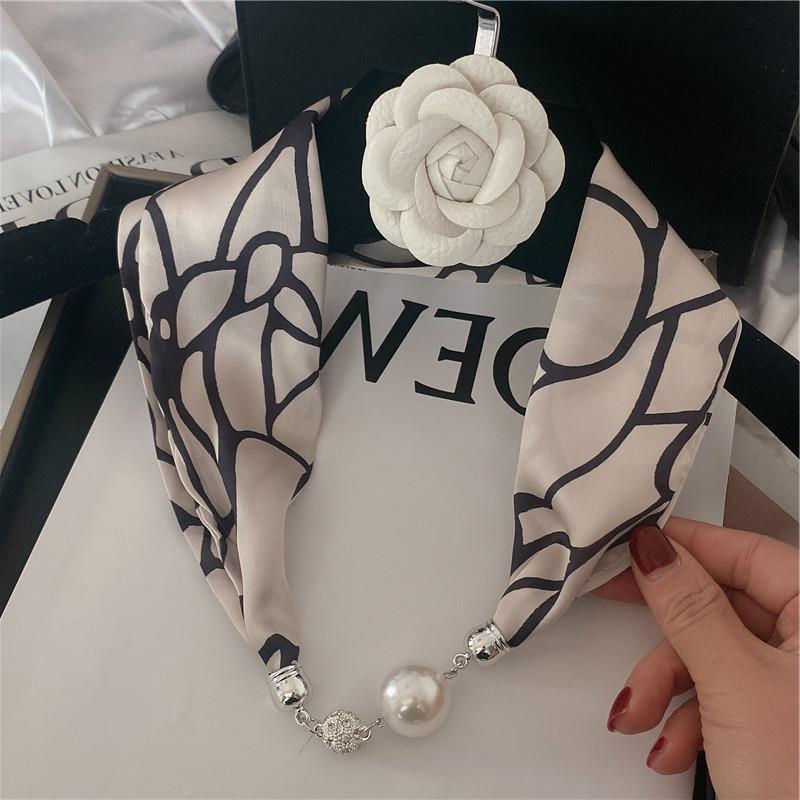 New Luxury Design Magnetic Pearls Button Silk Scarf Women Summer Neck Ornament Silk Scarves Lady Shirt Sunscreen Decoration Gift