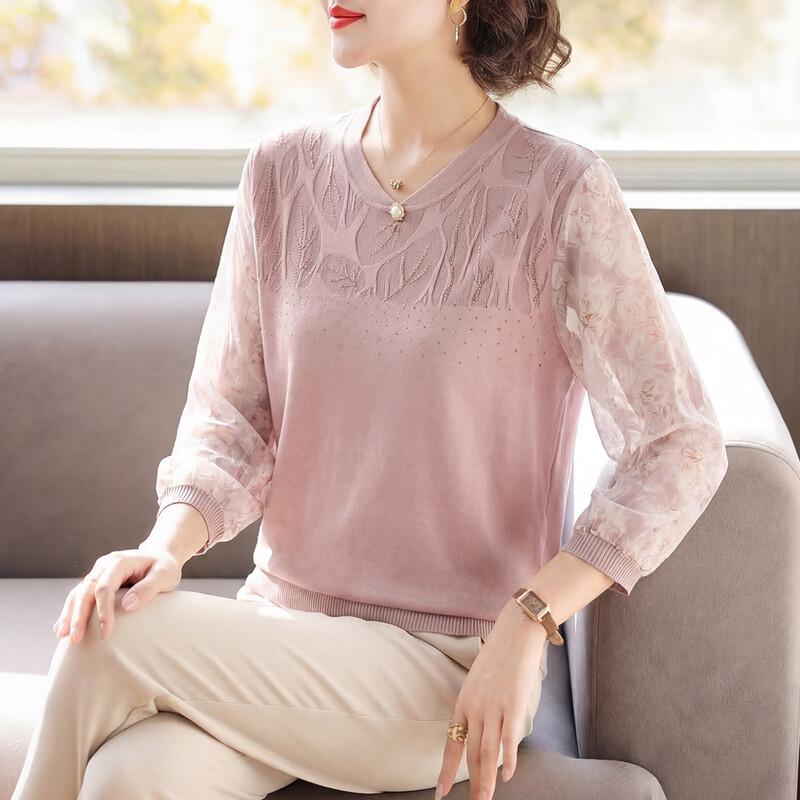 Qianlian Women s Spring Casual Knit Top with Sheer 3/4 Sleeves L