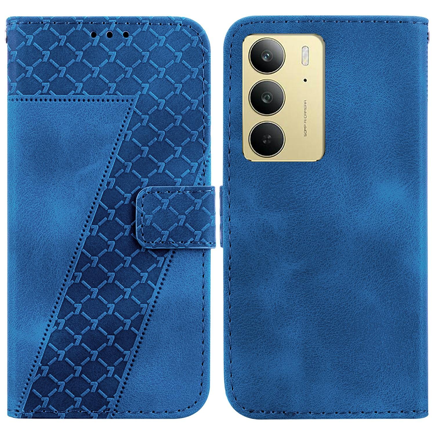 

For Realme C75 4G Stand Case 7-Shaped Pattern Imprint Leather Phone Cover Dark Blue