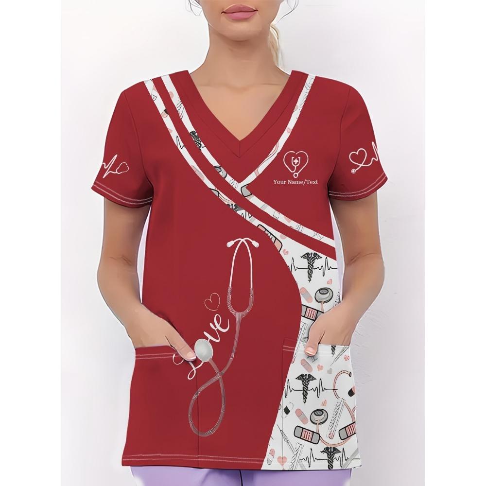 Clinical Uniform Woman Stethoscope Print V-Neck Short Sleeve Nurse Uniform Tops Fashion with Pocket Dentist Nurse Uniform Woman