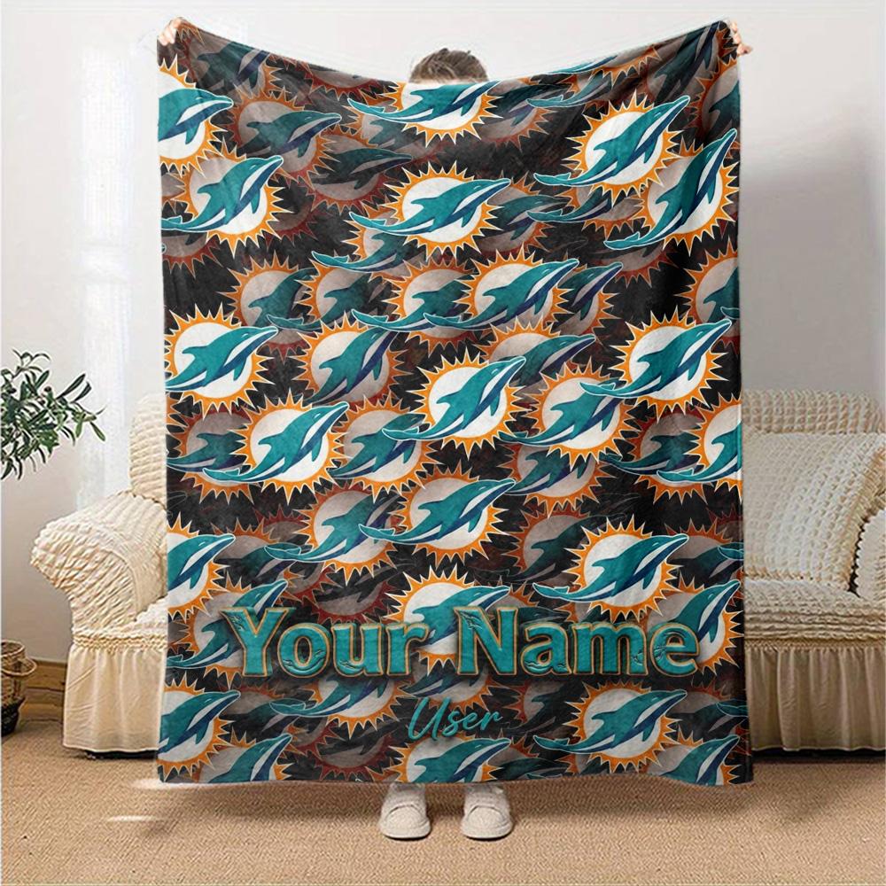 Name Custom Miami Dolphins Logos Print Flannel Blanket High Quality Warm Comfortable Cover for All Seasons Perfect for Gifts Home Decor