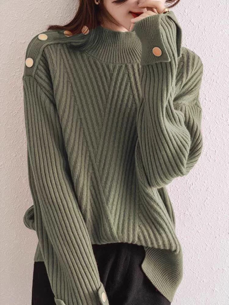 Tejido de punto acanalado estilo europeo de talla grande con cuello semi-alto: Suéter Suave de Otoño/Invierno para Mujer