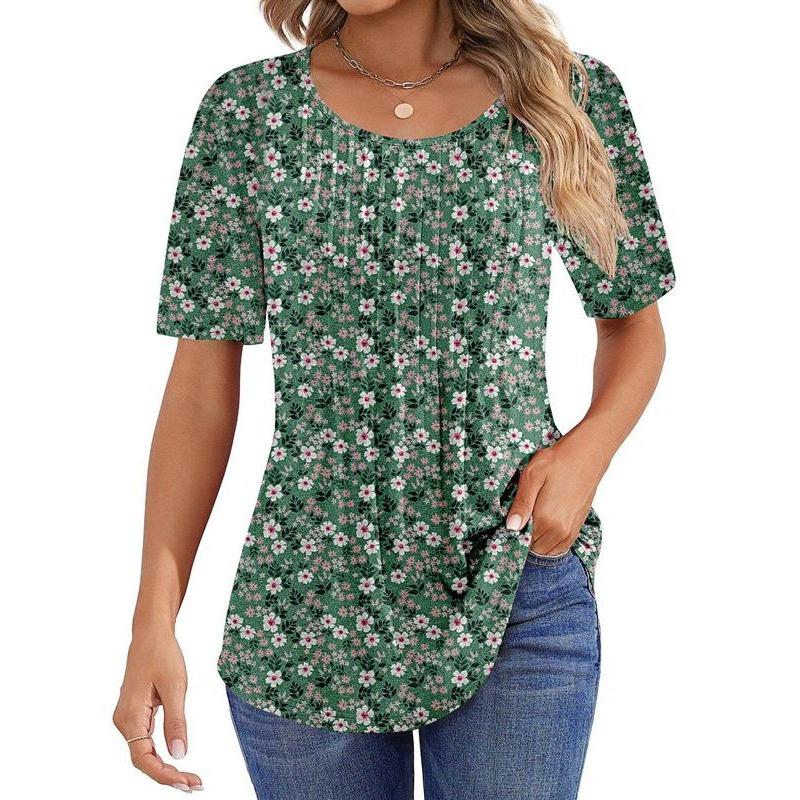 

Летний топ-футболка с круглым вырезом, плиссированными короткими рукавами и принтом XXXL