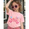 Girls Cute Pink Polka Dot Cat Print Crewneck Short Sleeve Tee, Red & Black Base Kids Top
