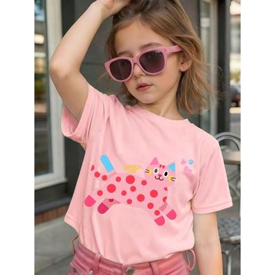 Girls Cute Pink Polka Dot Cat Print Crewneck Short Sleeve Tee, Red & Black Base Kids Top