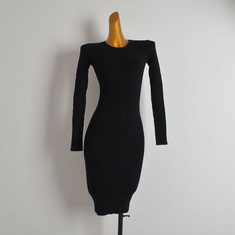

Spring & Fall New Arrival Pure Color round Neck Long Sleeves Knitting Dress Women s Tight Waist Slimming Inner Hip Skirt Black All yards