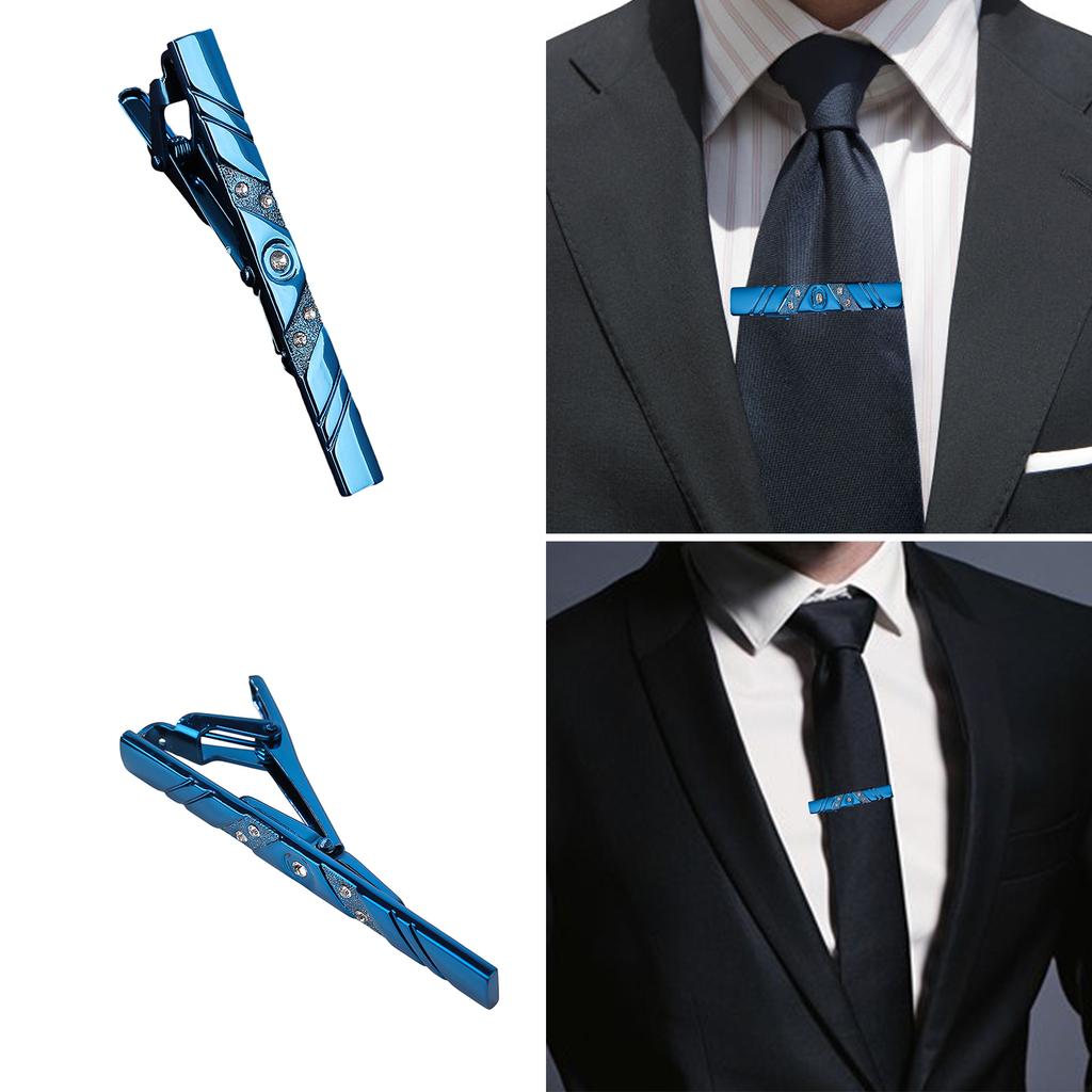 Tie Clip for Men Luxurious Diamond Inlays Alloy Necktie Clasp Tie Bar Pinch Clips Brass Blue Buckle for Wedding Business