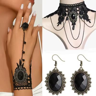 4pcs/set Gothic Punk Dark Style Black Color Teardrop Pendant Lace Bracelet Ring Set Women's Personalized Holiday Jewelry Gift