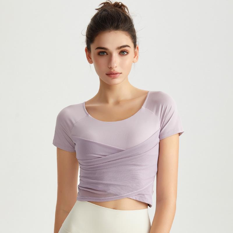Chinese Style Women's Summer Yoga Top – Short Sleeve, Fixed Cups, Cross Mesh, Pleated, Slim Fit Sports Wear