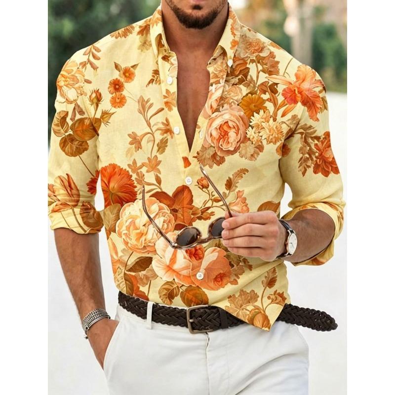 Men's floral shirt long sleeved sports fashion outdoor casual daily autumn and winter flat printed button down collar shirt