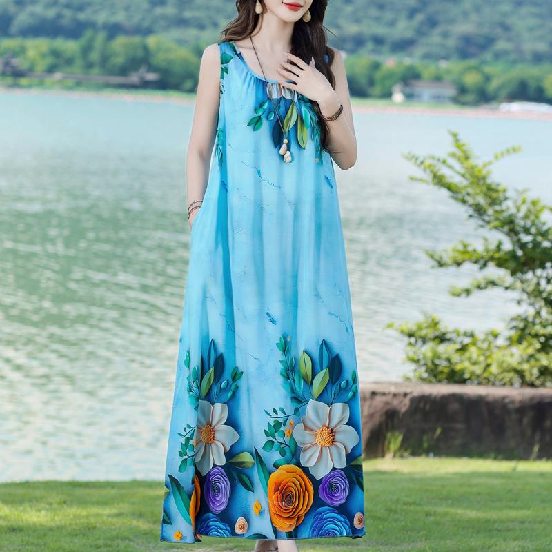Damen Sommerkleid Vintage Kleidung Lässig Ärmellos Lange Kleider