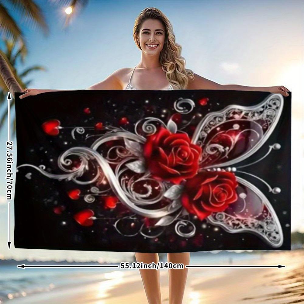 Rose and Butterfly Pattern Beach Towel, Suitable for Beach Rain, and Sports. Microfiber Warp- Beach Towel with Large Print Cross