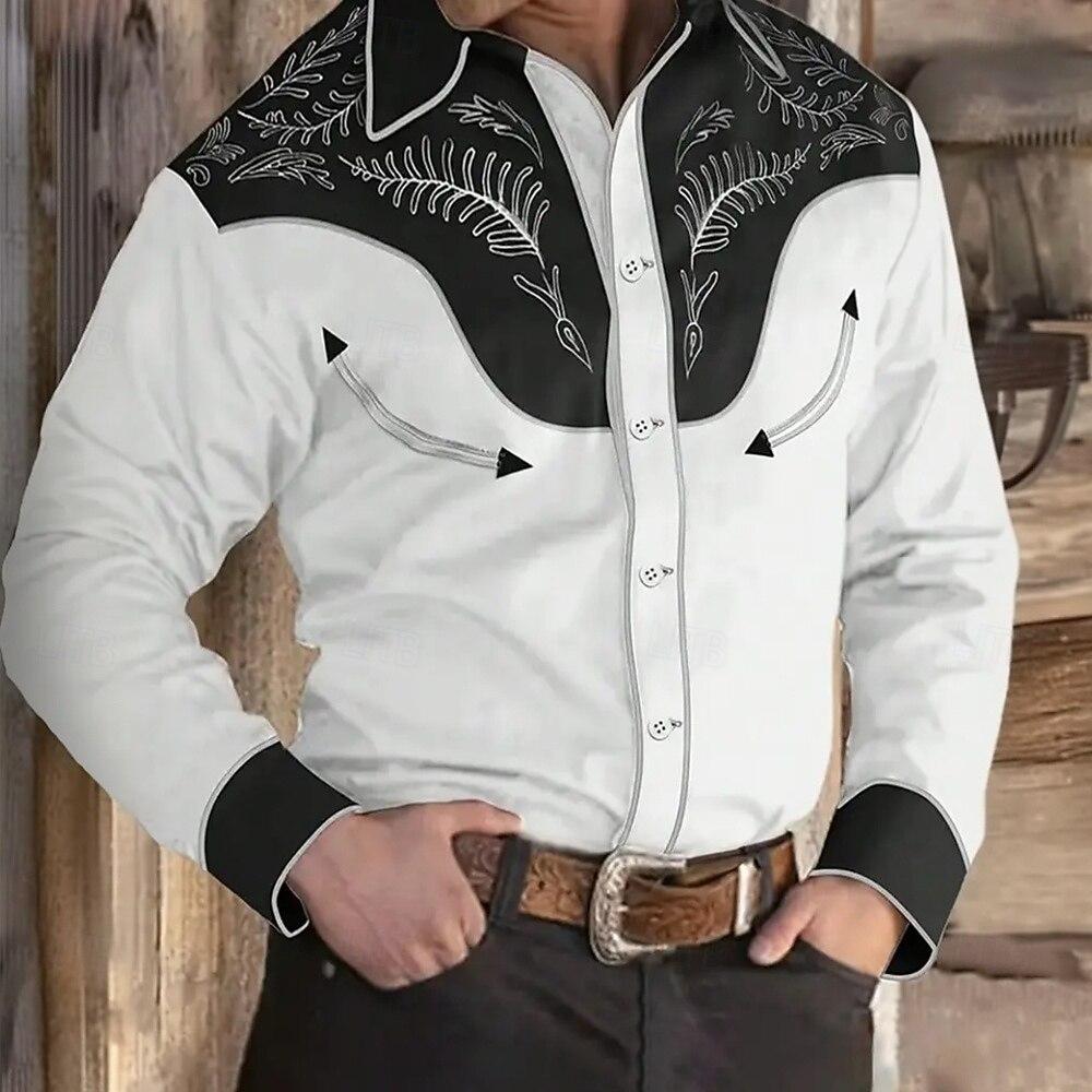 Camicia da Uomo con Stampa Floreale Lavorazione Etnica Camicia Western Camicia da Cowboy Manica Lunga Vintage Retrò Vacanza all'Aperto