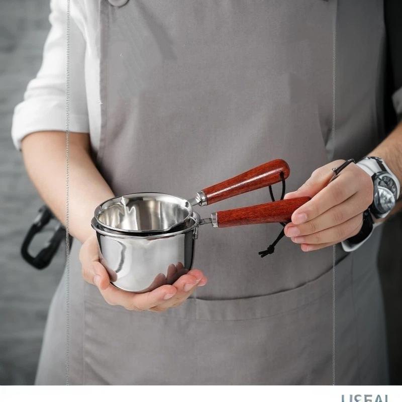 BPA Free Stainless Steel Oil Pot Fast Heating Anti-Scald Wooden Handle Dripless for Home Kitchen Seasoning Oil Pouring