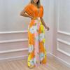 Spot European and American Women's Clothing Foreign Trade Cross-border Spring and Summer New Printed Bat Sleeve Top Wide Leg Pants Two-piece Suit