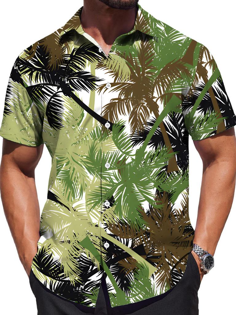 [Printed Design – Not Textured] Men's Casual Digital Print Standard Size Short Sleeve Shirt with Green-Brown Palm Leaf Pattern, Stylish and