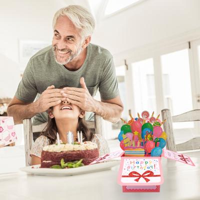 Alles Gute zum Geburtstag-Grußkarte mit Umschlag und Schreibkarte, süßes Kuchen-Kerzen-Ballon-Muster, bunte Segenskarten, kreative faltbare 3D-Box zum Geburtstag