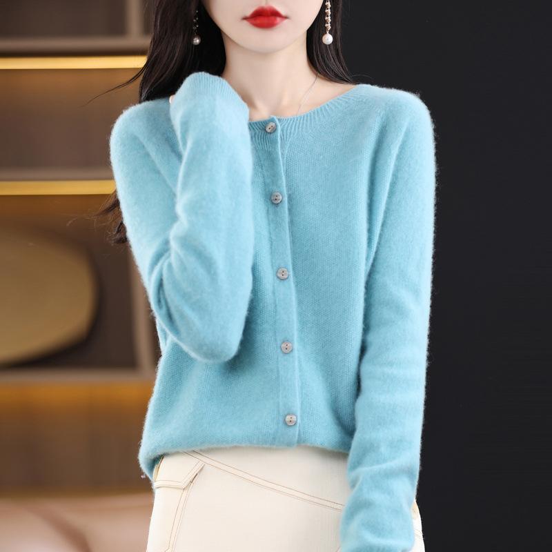 Cardigan Women Round Neck Spring and Autumn Long-sleeved Tunic Tops Pure Wool Knitted Jacket Plus Size