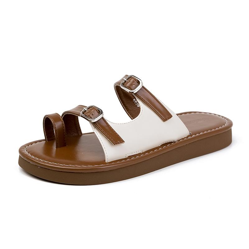 French Retro Toe Slippers Women's Summer Wear Flat One-word Open-toe Cool Slippers Thick-soled Beach Roman Sandals