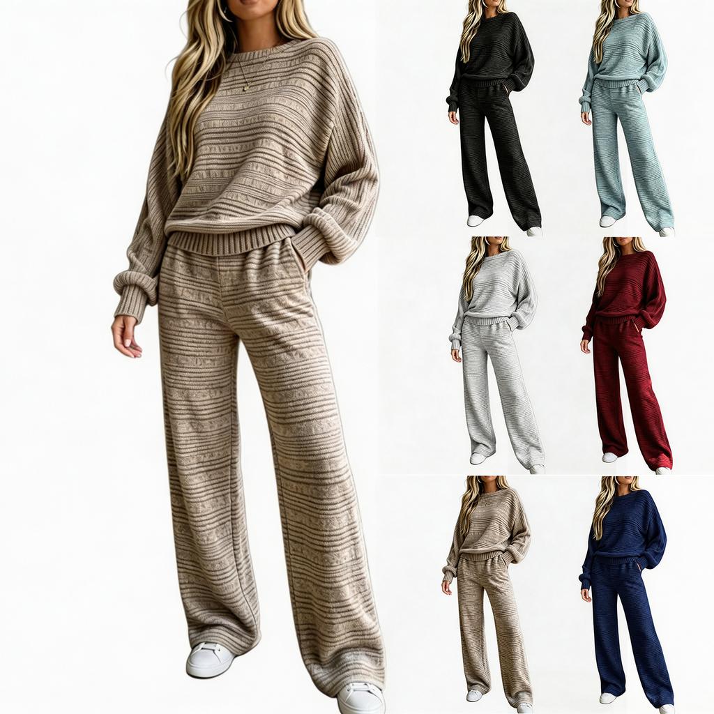 Women's Ribbed Knit Two-Piece Set Long Sleeve Top and Wide Leg Pants Casual Outfit