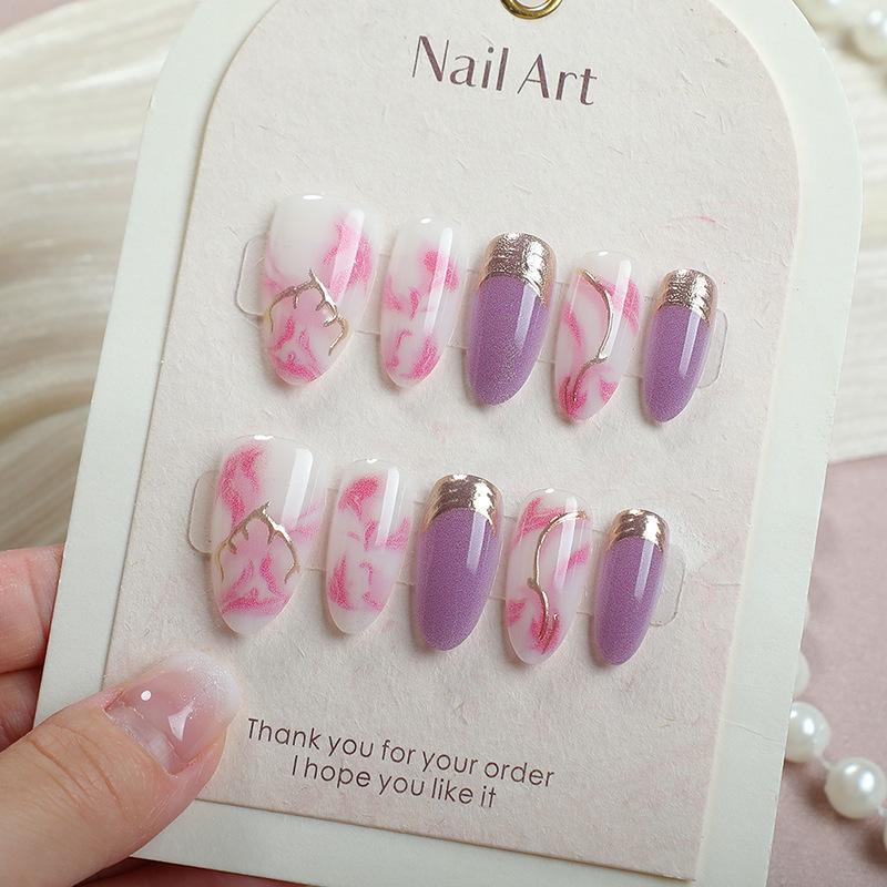 30-Piece Gold Foil Cat Eye Pink Gradient Almond Manicure Tips