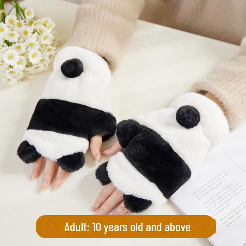 

Милые женские плюшевые полупальцевые зимние перчатки для студентов — корейский стиль, с бархатной подкладкой, теплые и незамерзающие для езды на велосипеде осенью и зимой 10 years and older and adults, One Size чёрный/белый