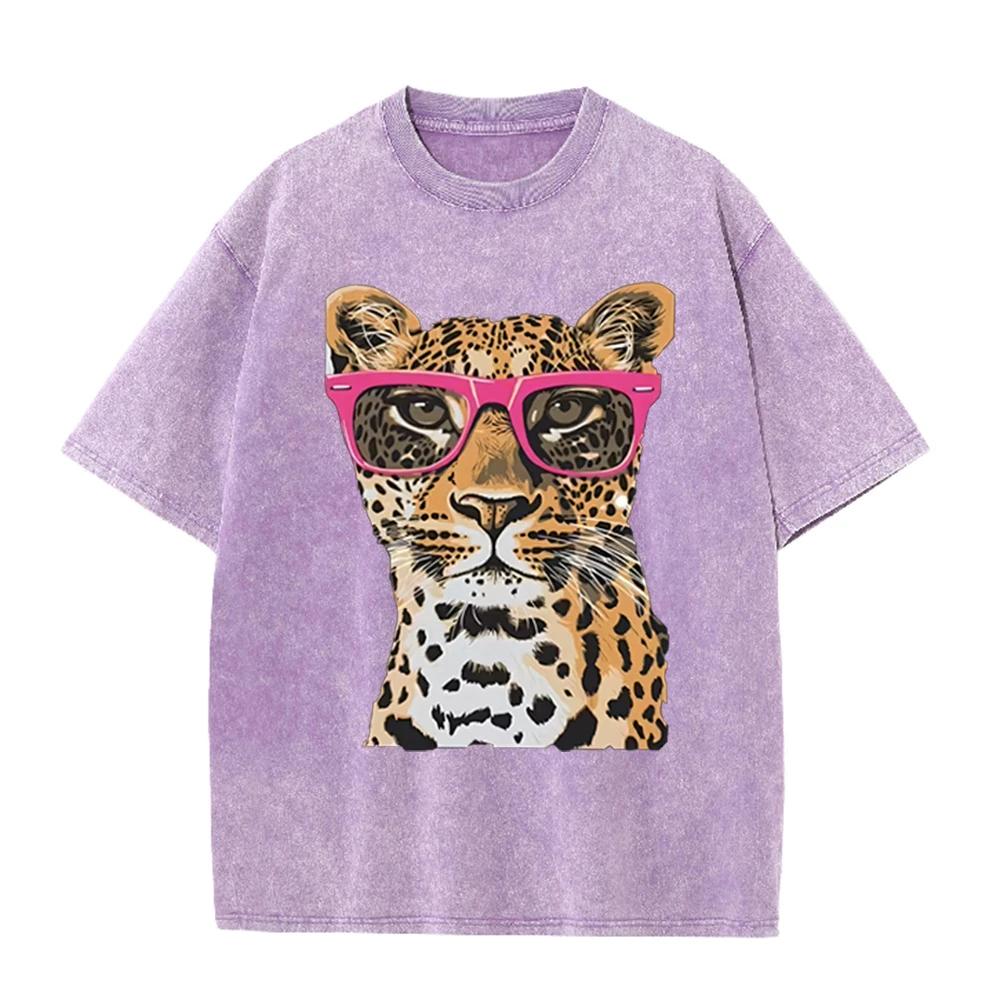 2026 Vintage Washed Black Cool Leopard With Pink Glasses Graphic T Shirt Animal Retro Print Oversized Men Casual Streetwear Shor
