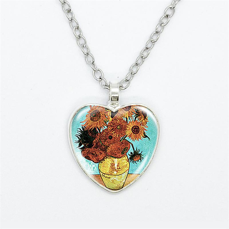 Fashion Van Gogh Art Starry Night Sunflower Necklace Glass Cabochon Painting Heart Pendant Printed Photo Necklaces