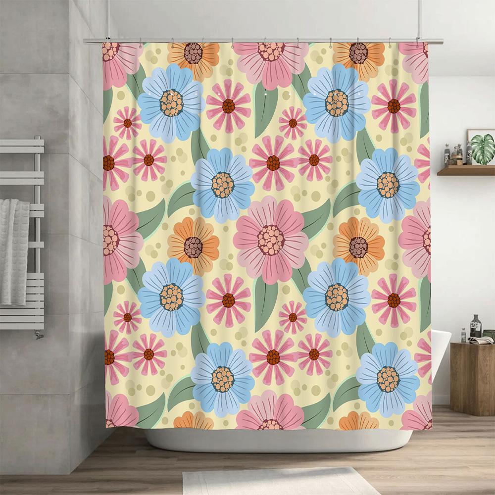 Colorful Flower Shower Curtain Bathroom Decor Home Decoration Waterproof Fabric Bath Rug Cover Print Pattern Water Repellent Fab