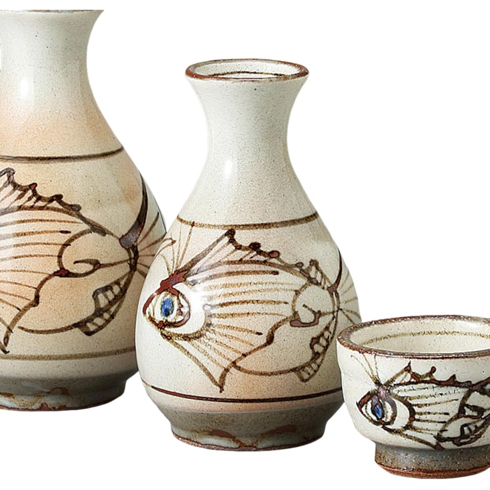 Sake Tokkuri and Ochoko Bottle and x Arabesque Fish Pattern 2 Tokkuri Bottle and Set Mino Ware Ale-net Set, (Sake Chock) Set, 8.5cm H13.5cm, Approx.