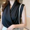 Wrap V-Neck Sleeveless Slim Fit Women Top Solid Color Satin Blouse
