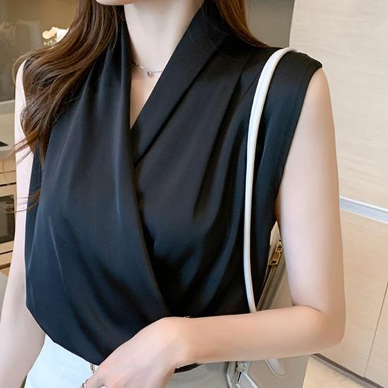 Wrap V-Neck Sleeveless Slim Fit Women Top Solid Color Satin Blouse