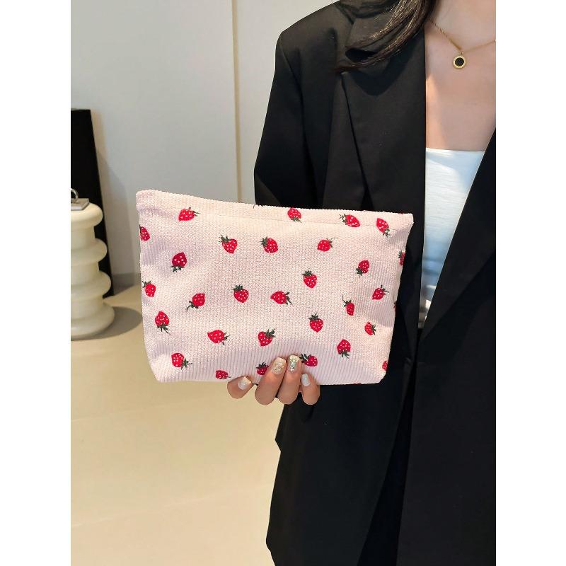 Strawberry Patterned Corduroy Makeup Bag With Zipper, Portable Skincare Wash Bag, Large Capacity Makeup Bag For Women's Travel School