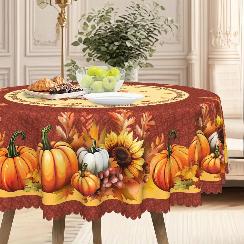 Autumn Harvest Maple Leaf And Pumpkin Tablecloth - Polyester Fabric, Round Thanksgiving Sunflower Design For Dining Tables