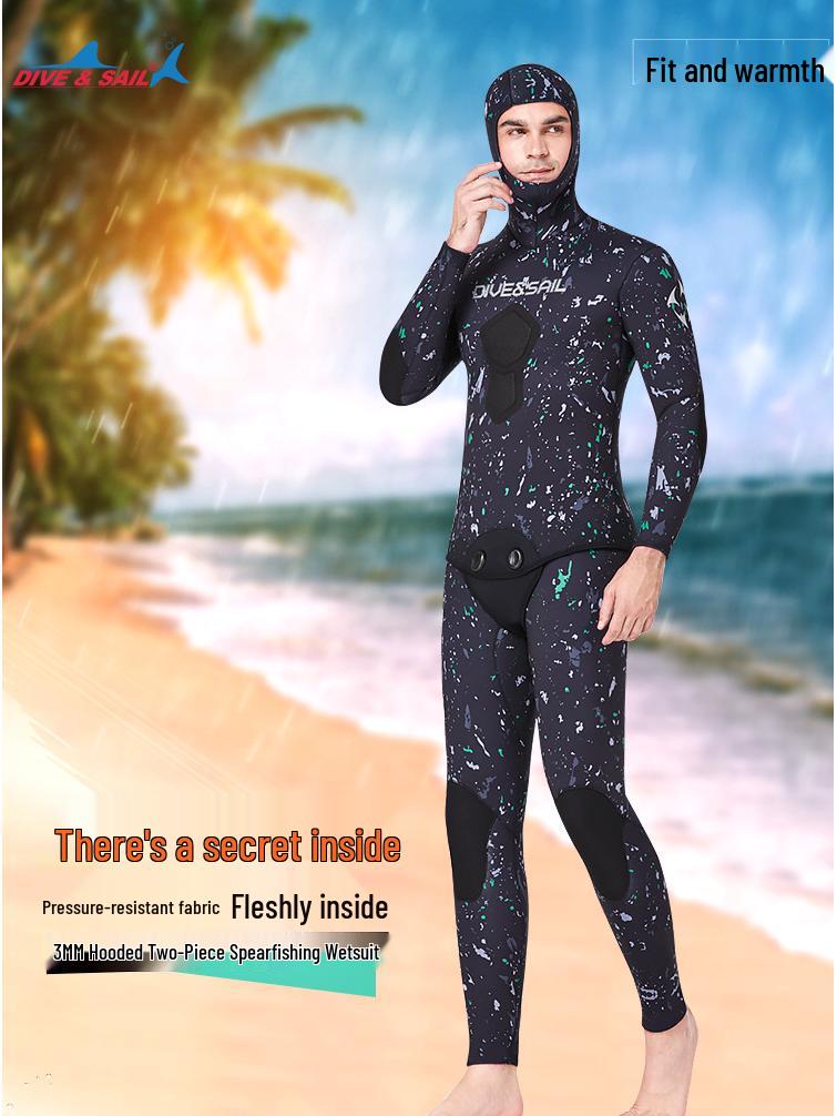 3MM Two-Piece Hooded Wetsuit Set: Long Sleeve Spearfishing, Scuba, Surfing, Snorkeling Suit