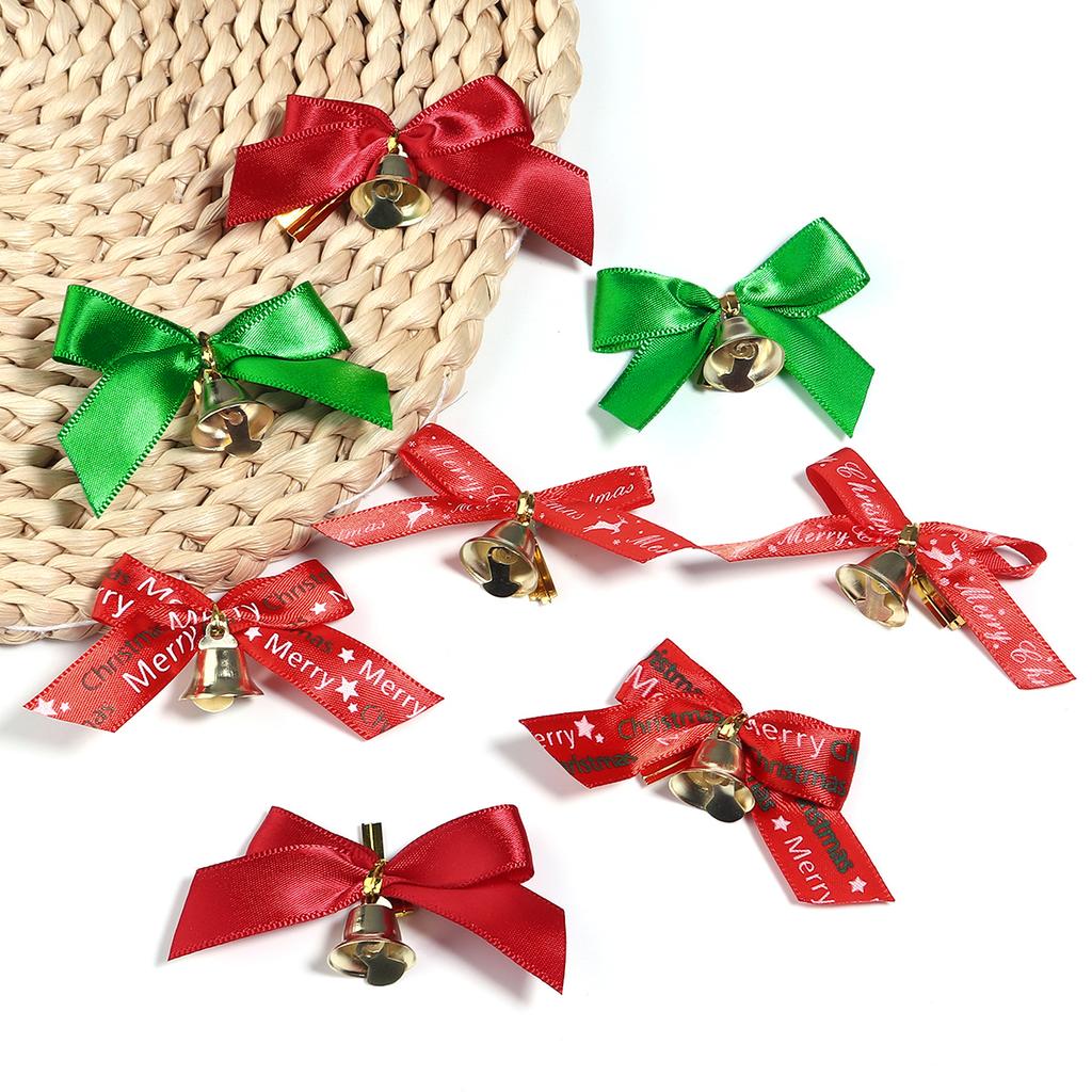 10pcs/lot Christmas Bow Exquisite Polyester Printed Bowknot With Bell For DIY Crafts Garment Ornament Christmas Tree Decoration