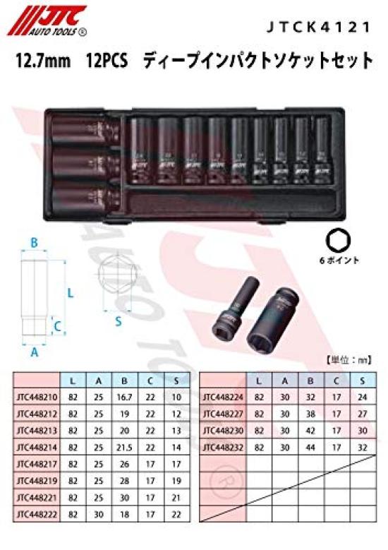 JTC 12PCS Deep Impact Socket Set Hand Tools Tool Box Roll Cabinet Drawer Tool Set Impact 6 Point Deep Socket JTCK4121 12.7mm