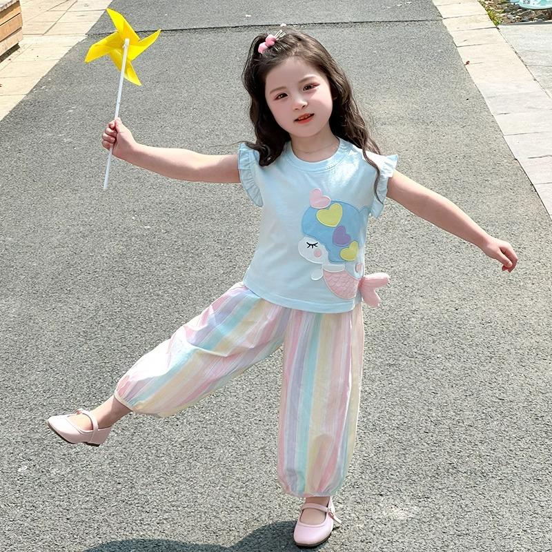 Summer Girls Fashionable Casual Two Piece Set Cute Baby Short Sleeve T Shirt And Pants Trendy Kids Clothing