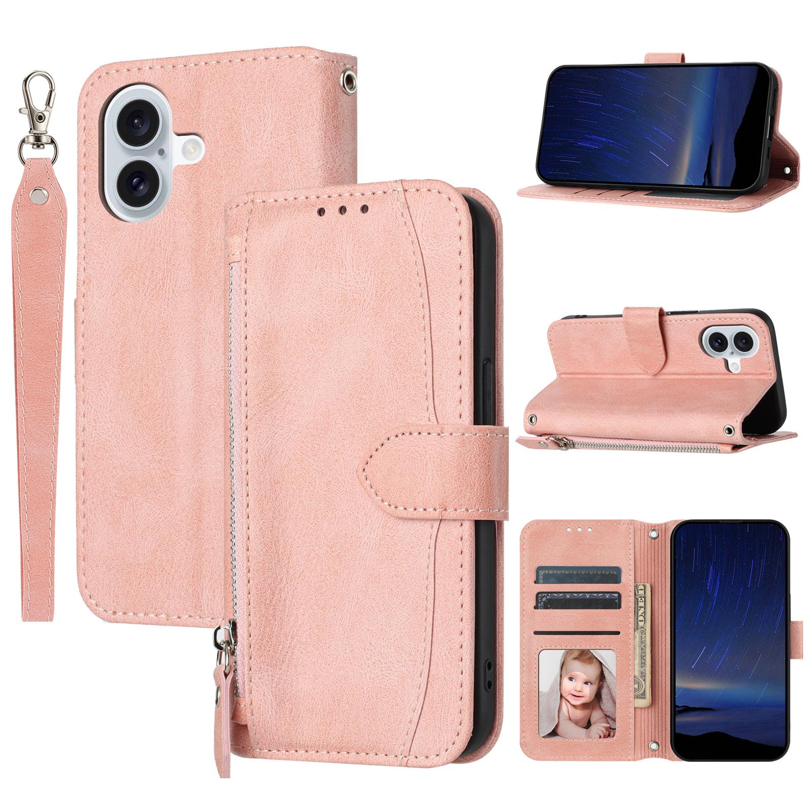 

For iPhone 17 Case Zipper Pocket Wallet Leather Phone Cover with Wrist Strap Pink