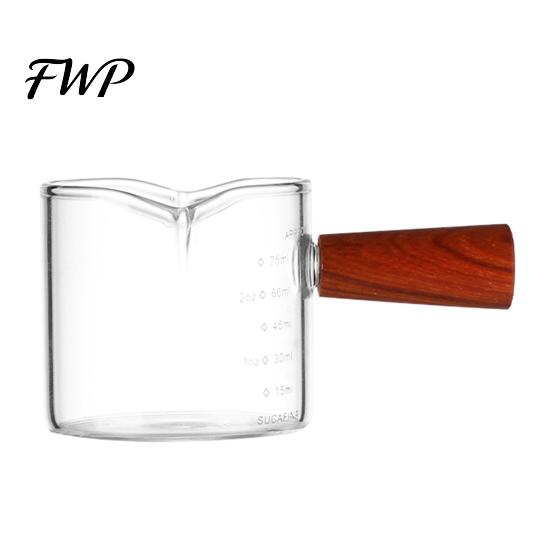 Anti-scalding Coffee Cup Milk Pitcher with Wooden Handle Mini Glass Creamer Food Grade for Espresso Small Sauce Dipping Bowl Measuring Scale Condiment