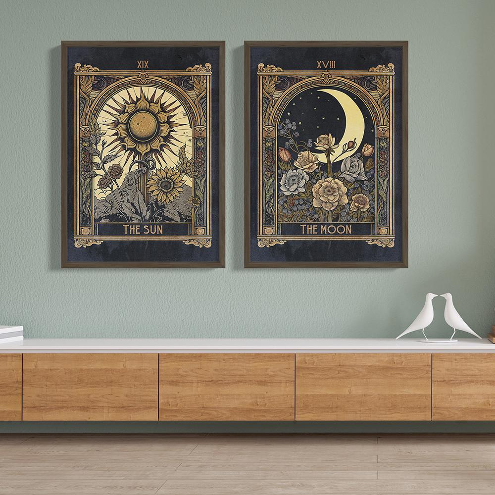 Boho Style Black The Sun Moon Tarot Card Witchy Poster Canvas Painting Abstract Flower Mystical Wall Art Picture Bedroom Decor
