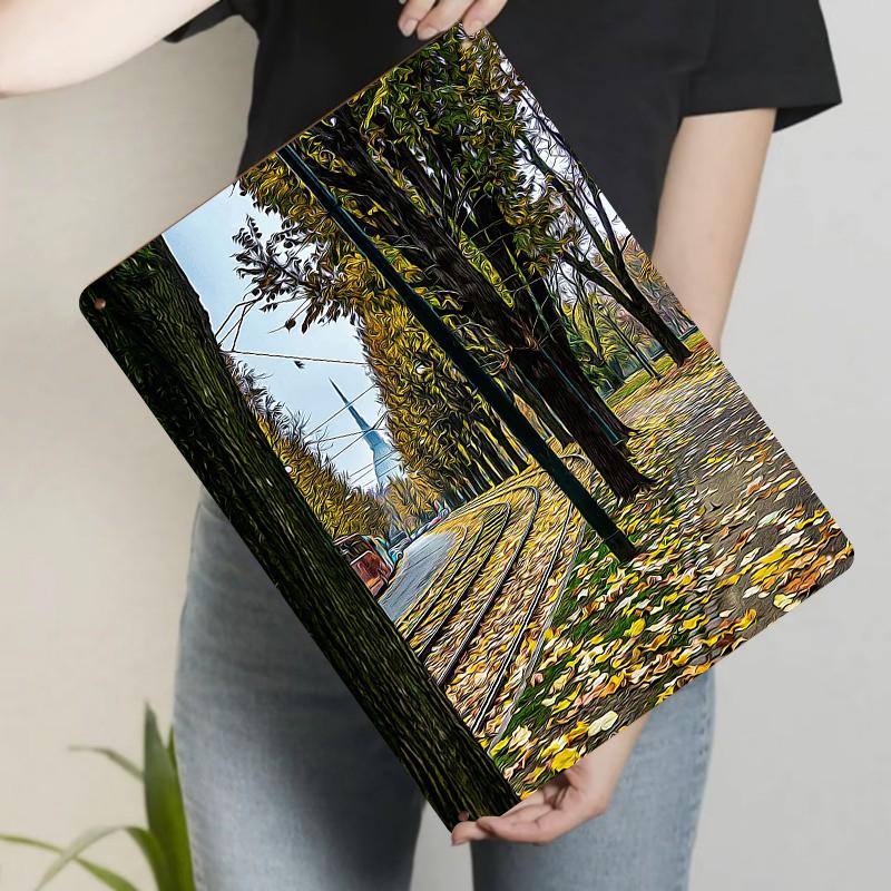 

European Autumn Street View Metal Wall Art Vintage Handpainted Home Decor Painting 20x30cm（7.8x11.8inch）
