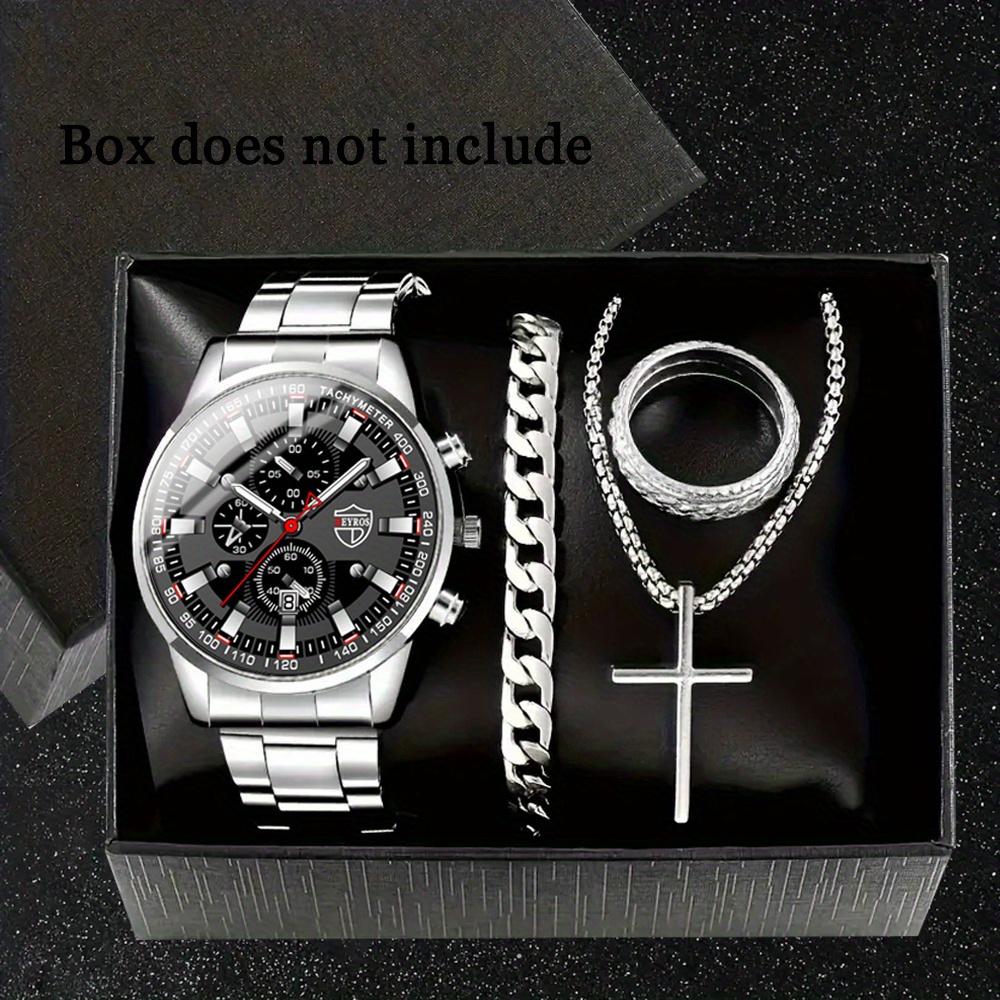 Men's 4-Piece Fashion Watch Set with Quartz Movement: Alloy Case, Stainless Steel Strap, Date Feature, Includes Watch, Bracelet, Cross Necklace, Ring