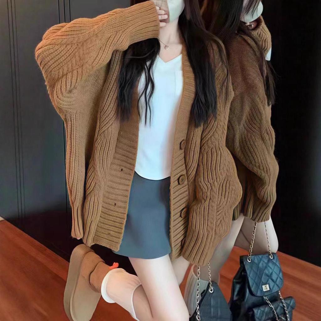 Korean Style V-Neck Retro Cable Knit Cardigan - Soft, Cozy Brown Sweater for Spring & Autumn