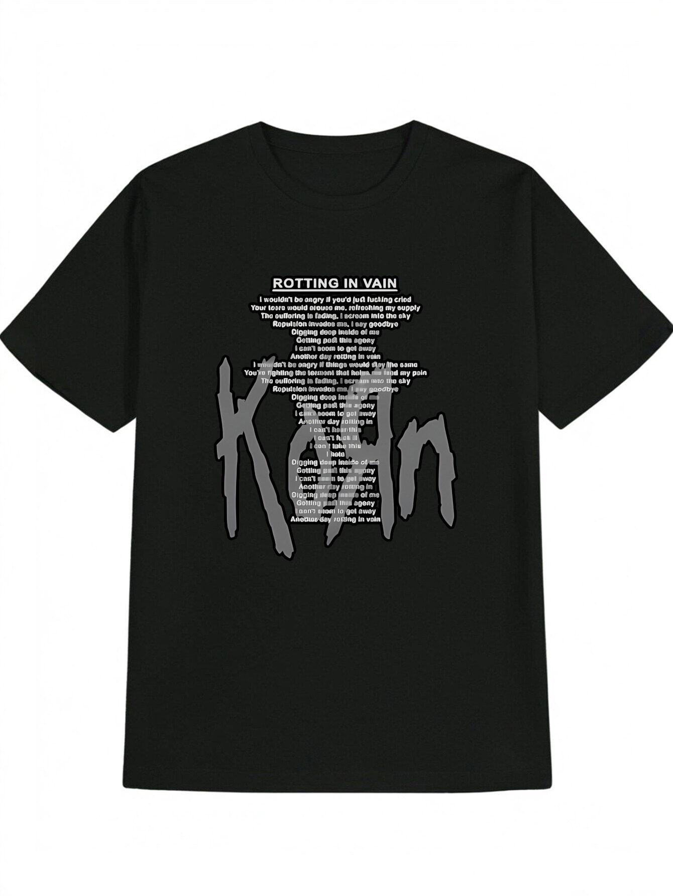 Casual Rotting in Vain Korn Graphic T-shirt - Black Crew Neck Tee with White Letter Print M